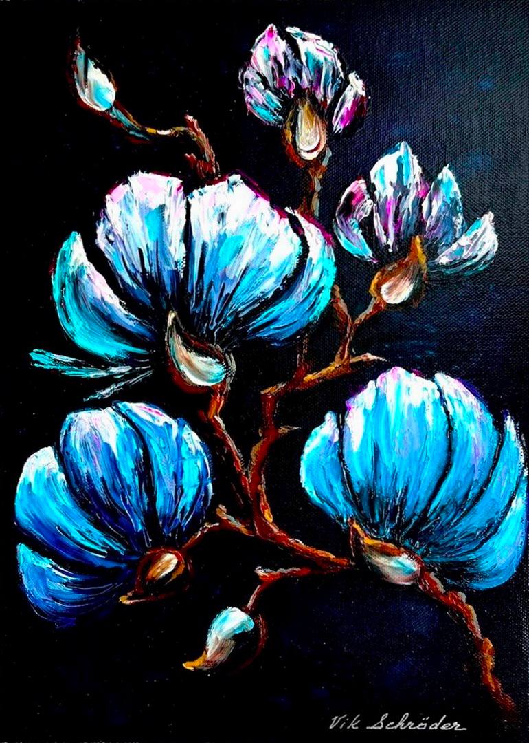 Original Floral Painting by Vik Schroeder | Contemporary Art on Canvas | Magnolia in the Night