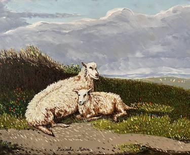 Sheep and lamb in a landscape. thumb