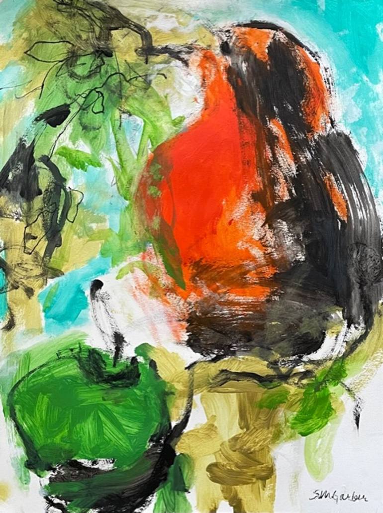 Original Abstract Painting by Stephanie Garber | Abstract Art on Paper | Bird and Green Apple