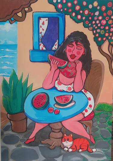 A beautiful Greek woman eating water melon thumb