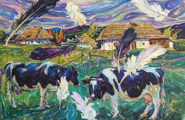 Print of Cows Paintings by Anatoliy Rudnytskyy
