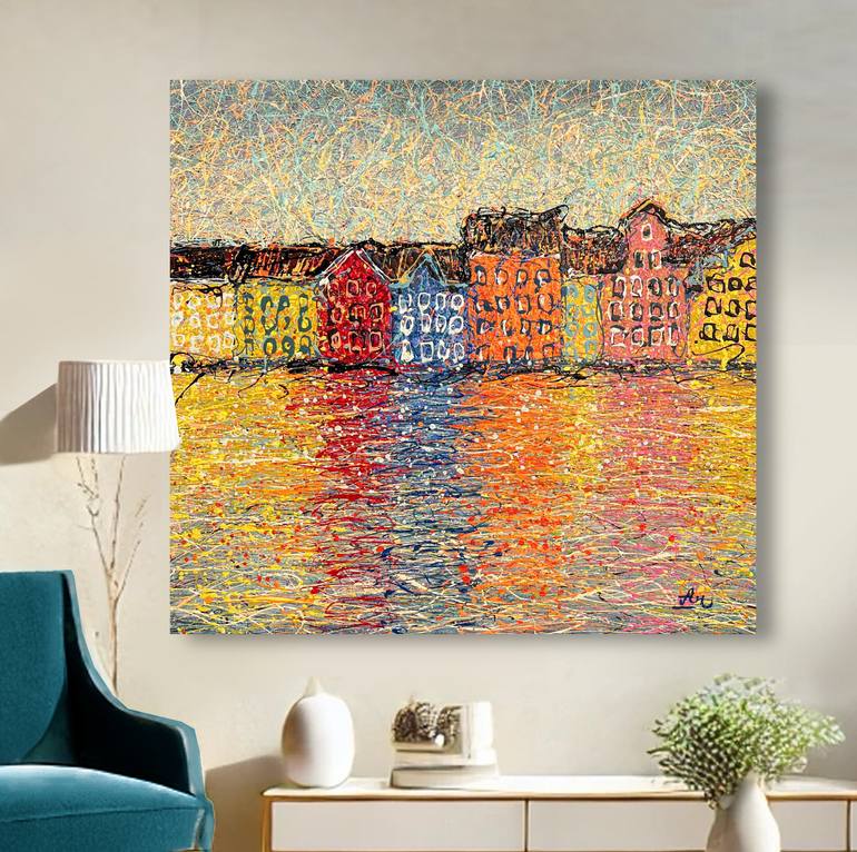Original Architecture Painting by Nadiia Antoniuk | Impressionism Art on Canvas | Sunlit Waterfront Magic - Ready to hang