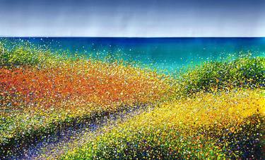 Turquoise azure emerald sea painting Seascape Sunny day Dunes - ROLLED - 36" x 58"/ 90 x 145 cm. Blue seascape Yellow field Bright colors thumb