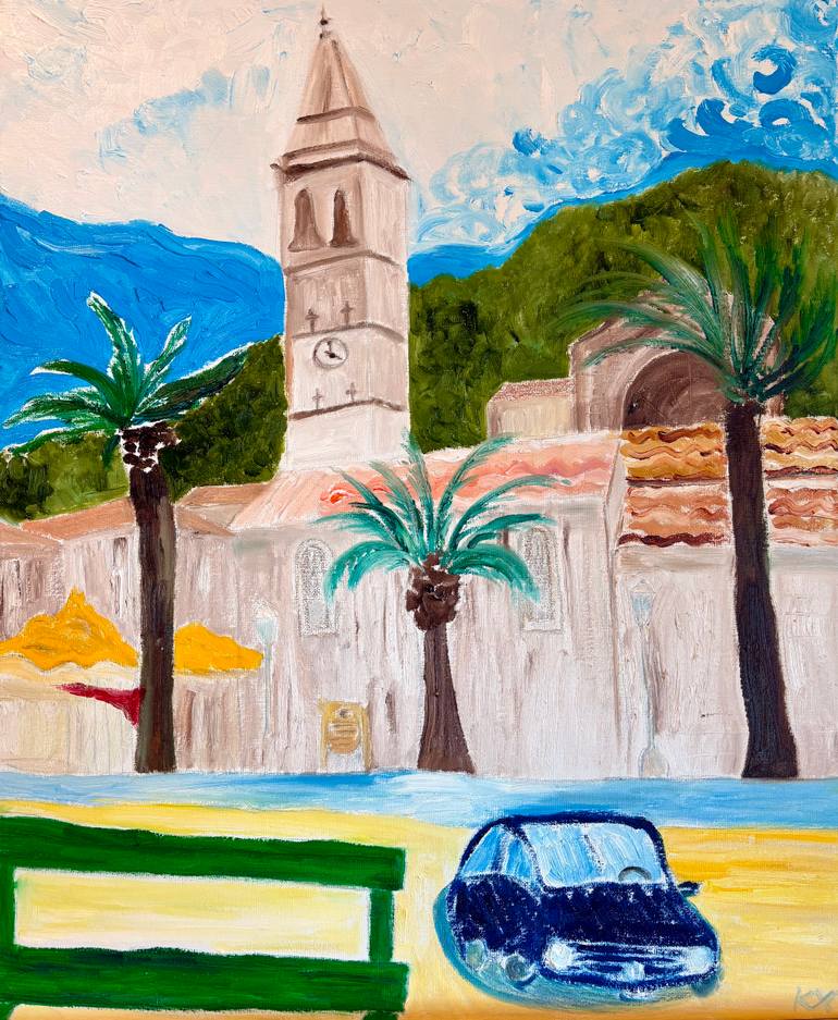 Original Architecture Painting by Kat X | Contemporary Art on Canvas | Perast: Montenegro's coastal charm