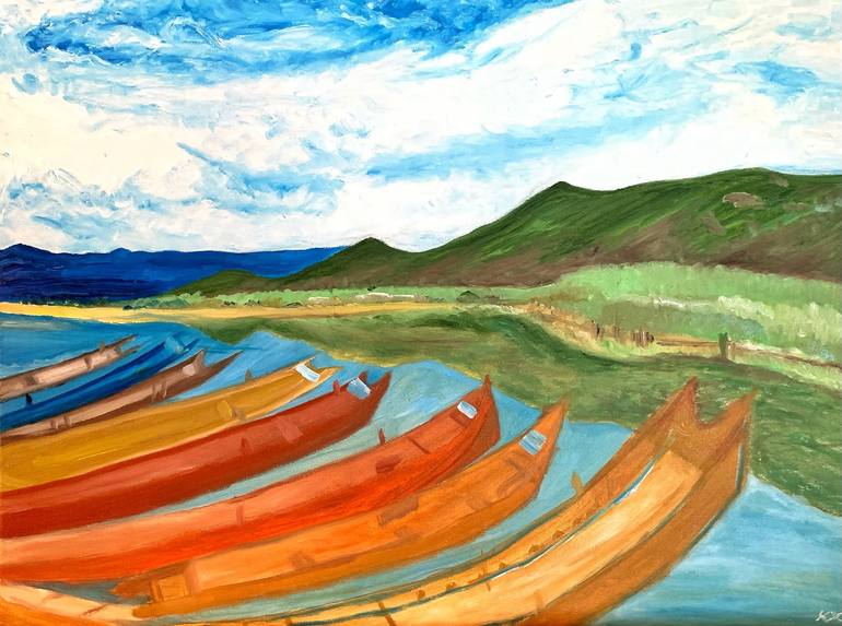 Original Landscape Painting by Kat X | Impressionism Art on Canvas | Boats at the Border