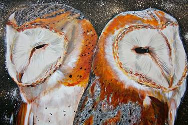Pair of owl lovers cuddling (acrylic painting on board) thumb