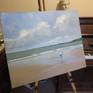 Painted on Scarborough south beach. I was attracted by the simplicity of the scene: sky, sea, beach and a solitary figure.