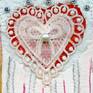 This is number three in the glove series of mixed media ornate gloves. It was created on a wood base using acrylic paints, tissue paper, ribbon, artist pens, lace, pencil, & beads.