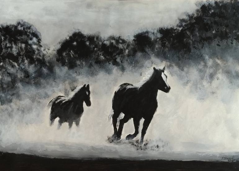 Two horses in dust Painting by Ibrahim Unal | Saatchi Art