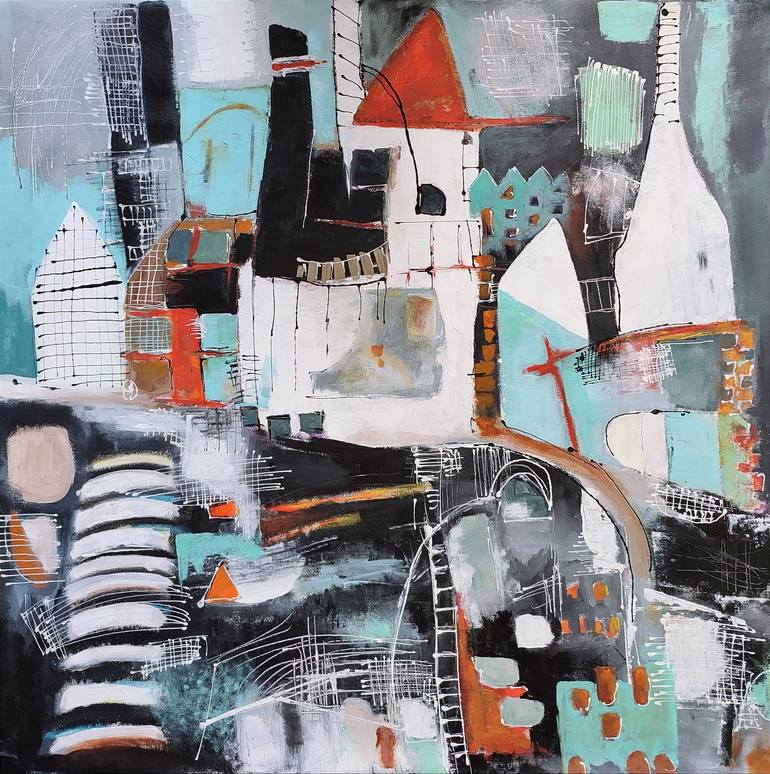 Original Cities Painting by Maria Penn | Abstract Art on Canvas | A Night City in the Rain