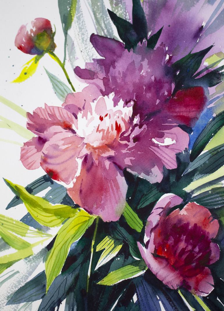 Beautiful Peony flowers in watercolor Painting by Samira Yanushkova ...