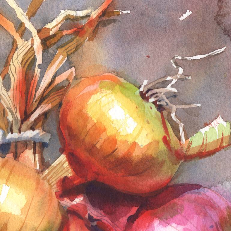 Onion - still life watercolor for kitchen Painting by Samira Yanushkova