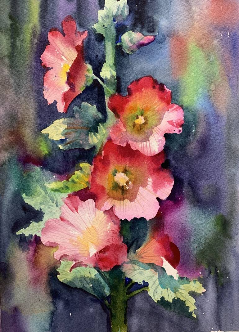Old Fashioned Hollyhocks Watercolor Card Hand Painted Watercolor Card Original Art