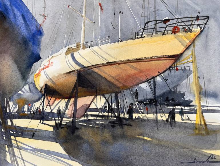 Yachts painting watercolor - Print