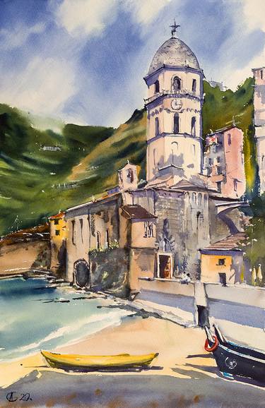 Vernazza. View of the tower and old own. Big format watercolor urban landscape mediterranean italy sea bright architecture thumb