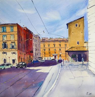 ROME STREET. LIGHT AND SHADOW WITH CITY VIEW. MEDIUM FORMAT WATERCOLOR URBAN LANDSCAPE ITALY SEA BRIGHT ARCHITECTURE OLD TRAVEL thumb