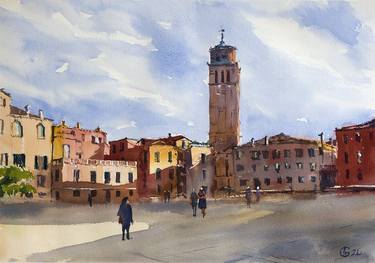 VENICE. SUNNY SQUARE. MEDIUM FORMAT WATERCOLOR URBAN LANDSCAPE MEDITERRANEAN ITALY SEA BRIGHT ARCHITECTURE OLD TRAVEL thumb