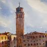 VENICE. SUNNY SQUARE. MEDIUM FORMAT WATERCOLOR URBAN LANDSCAPE. Detail 2.