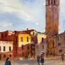 VENICE. SUNNY SQUARE. MEDIUM FORMAT WATERCOLOR URBAN LANDSCAPE. Detail 1.