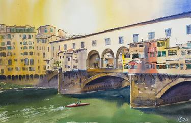 SUNSET IN FLORENCE. VIEW OF THE PONTE VECCHIO. MEDIUM FORMAT WATERCOLOR URBAN LANDSCAPE MEDITERRANEAN ITALY SEA BRIGHT ARCHITECTURE thumb
