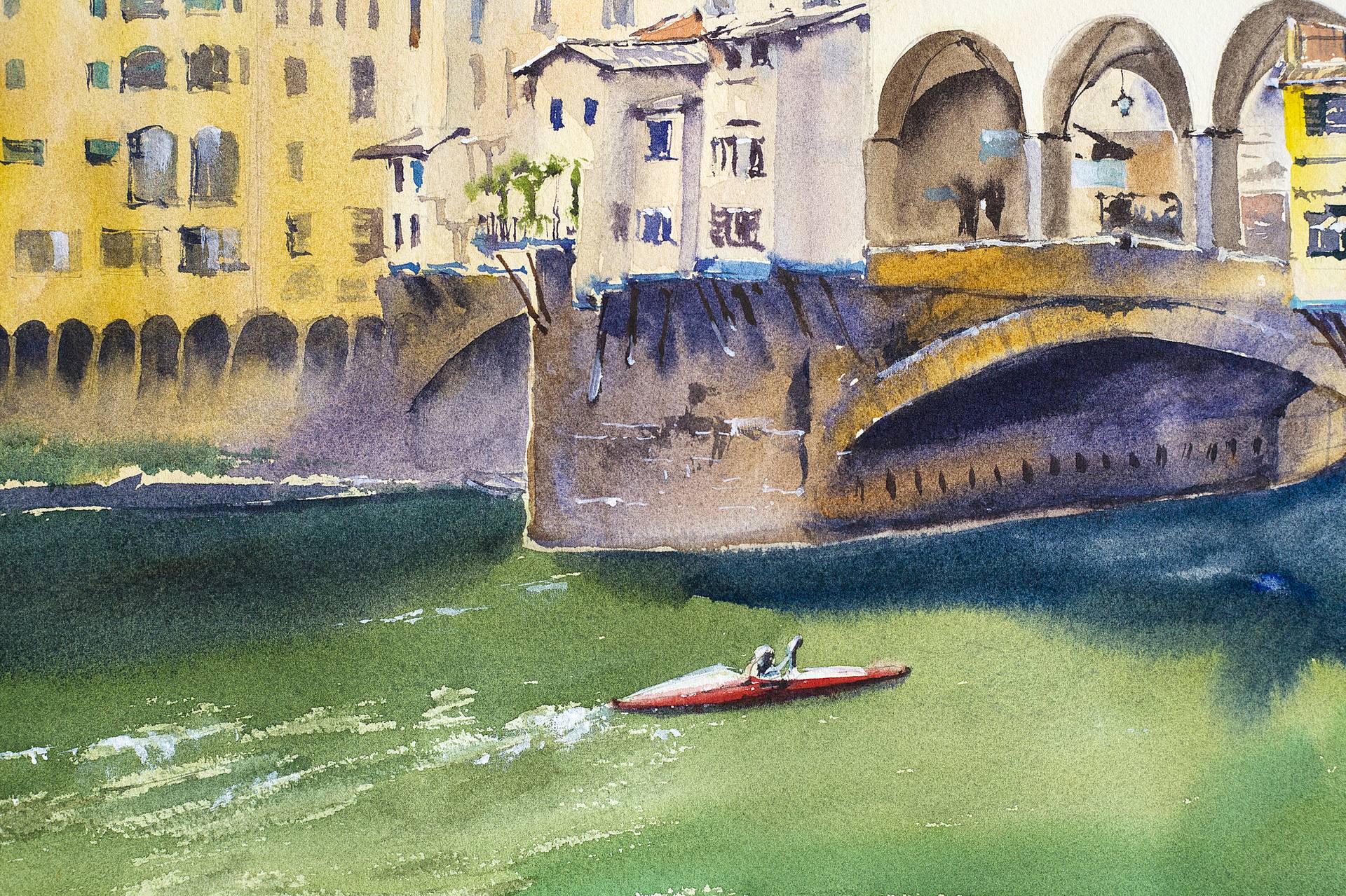 SUNSET IN FLORENCE. VIEW OF THE PONTE VECCHIO. MEDIUM FORMAT WATERCOLOR  URBAN LANDSCAPE MEDITERRANEAN ITALY SEA BRIGHT ARCHITECTURE Painting by  Sasha Romm | Saatchi Art