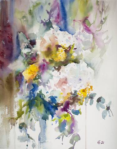WHITE HYDRAGENIAS. ABSTRACT WATERCOLOR. SMALL ORIGINAL FLOWERS BOTANICAL IMPRESSIONISTIC DECOR DETAIL SPRING SUMMER INSPIRATION thumb