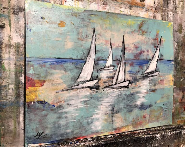 Original Abstract Expressionism Sailboat Painting by Marina Egorova