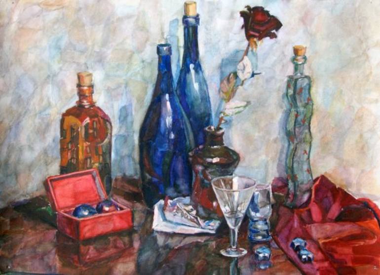 Still life with bottles and a rose Painting by What Happened | Saatchi Art