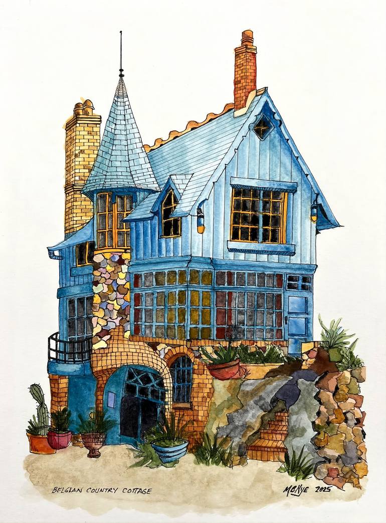 Original Architecture Painting by Mitch Nye | Expressionism Art on Paper | BELGIAN COUNTRY COTTAGE