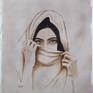 Monochrome oil sketch of a woman's face behind the veil. Professing on the eyes gazing at the viewer.