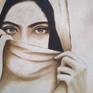 Monochrome oil sketch of a woman's face behind the veil. Professing on the eyes gazing at the viewer.