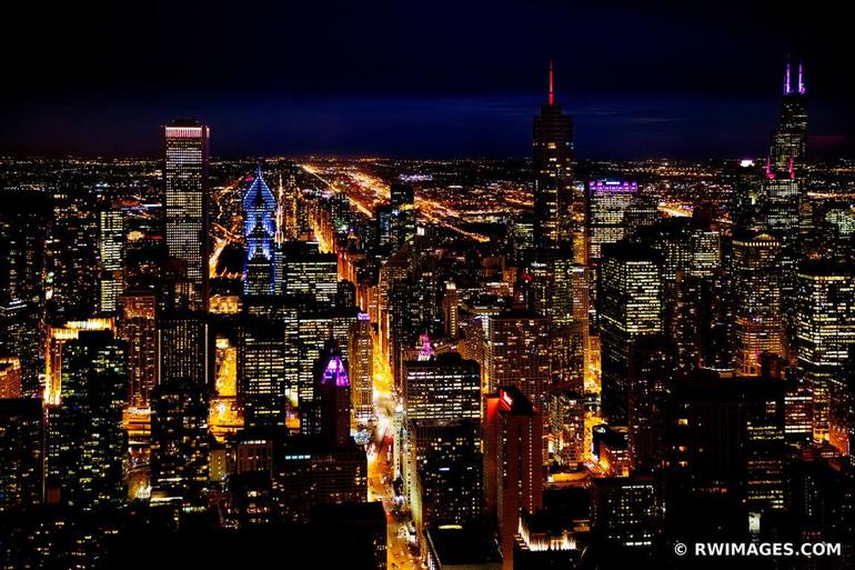 CITY LIGHTS AT NIGHT MICHIGAN AVENUE CHICAGO DOWNTOWN AERIAL VIEW