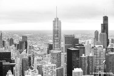 SEARS WILLIS TOWER AND TRUMP TOWER CHICAGO DOWNTOWN AERIAL VIEW CHICAGO ILLINOIS BLACK AND WHITE - Limited Edition of 55 thumb