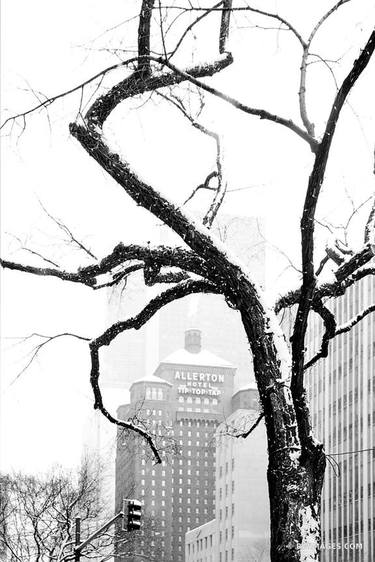 ALLERTON HOTEL TIP TOP TAP MICHIGAN AVENUE WINTER DAY HEAVY SNOWFALL CHICAGO ILLINOIS BLACK AND WHITE VERTICAL - Limited Edition of 55 thumb