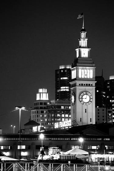 PORT OF SAN FRANCISCO FERRY BUILDING AT NIGHT BLACK AND WHITE VERTICAL - Limited Edition of 100 thumb