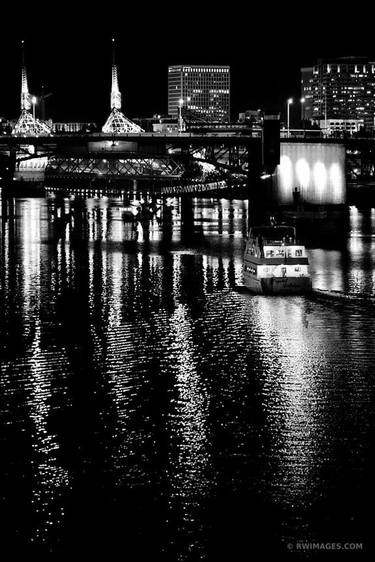 BOAT APPROACHING MORRISON BRIDGE WILLAMETTE RIVER DOWNTOWN PORTLAND OREGON AT NIGHT VERTICAL BLACK AND WHITE - Limited Edition of 125 thumb