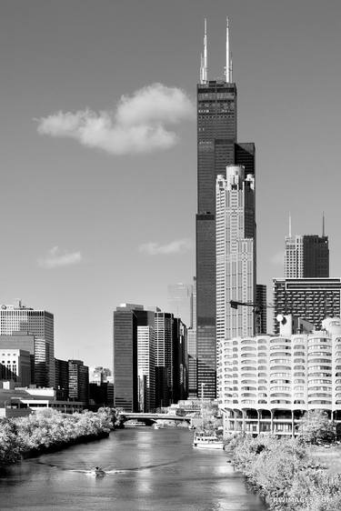 WILLIS TOWER SOUTHSIDE CHICAGO ILLINOIS RIVER CANAL BLACK AND WHITE VERTICAL - Limited Edition of 100 thumb