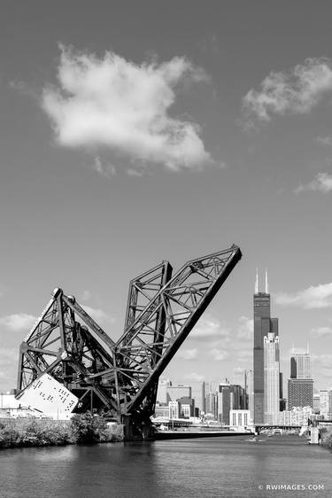 INDUSTRIAL DRAW BRIDGE SOUTH SIDE CHICAGO WILLIS TOWERS CHICAGO ILLINOIS CITY SKYLINE BLACK AND WHITE VERTICA - Limited Edition of 100 thumb