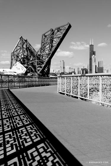 CHICAGO CITY SKYLINE FROM PING TOM MEMORIAL PARK CHINATOWN INDUSTRIAL DRAW BRIDGE SOUTH SIDE BLACK AND WHITE VERTICAL - Limited Edition of 100 thumb