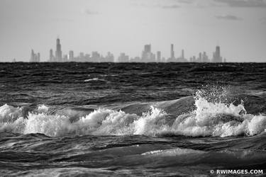 CHICAGO CITY SKYLINE AS SEEN FROM INDIANA DUNES NATIONAL PARK INDIANA ACROSS LAKE MICHIGAN BLACK AND WHITE - Limited Edition of 100 thumb