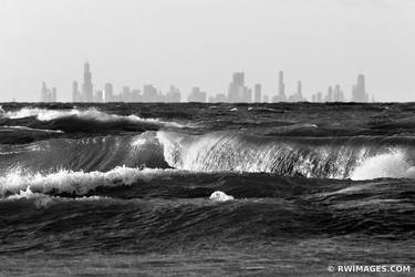 CHICAGO CITY SKYLINE AS SEEN FROM INDIANA DUNES NATIONAL PARK INDIANA ACROSS LAKE MICHIGAN WAVES BLACK AND WHITE - Limited Edition of 100 thumb