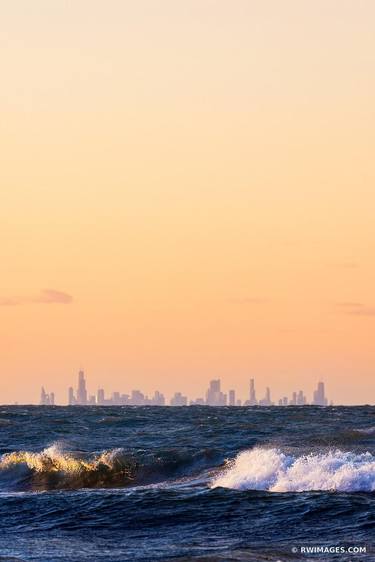 CHICAGO CITY SKYLINE AS SEEN FROM INDIANA DUNES NATIONAL PARK INDIANA ACROSS LAKE MICHIGAN WAVES COLOR VERTICAL SUNSET SKY - Limited Edition of 100 thumb