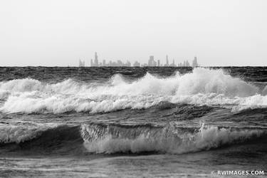 CHICAGO CITY SKYLINE AS SEEN FROM INDIANA DUNES NATIONAL PARK INDIANA ACROSS LAKE MICHIGAN BLACK AND WHITE - Limited Edition of 100 thumb