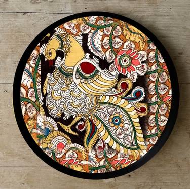 Exquisitely hand painted 'Kalamkari Peacock' wall plate. thumb