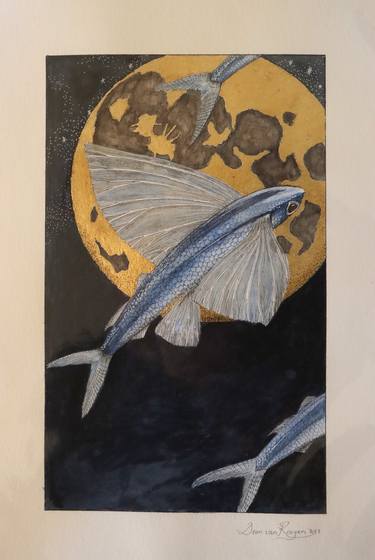 Flying fish in golden moonlight thumb