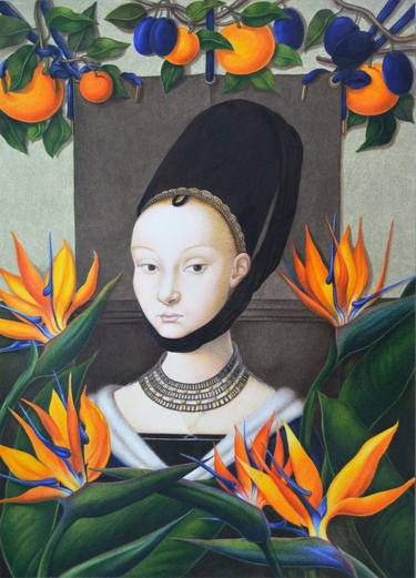 Still life with a picture of Petrus Christus and Strelitzia flowers thumb