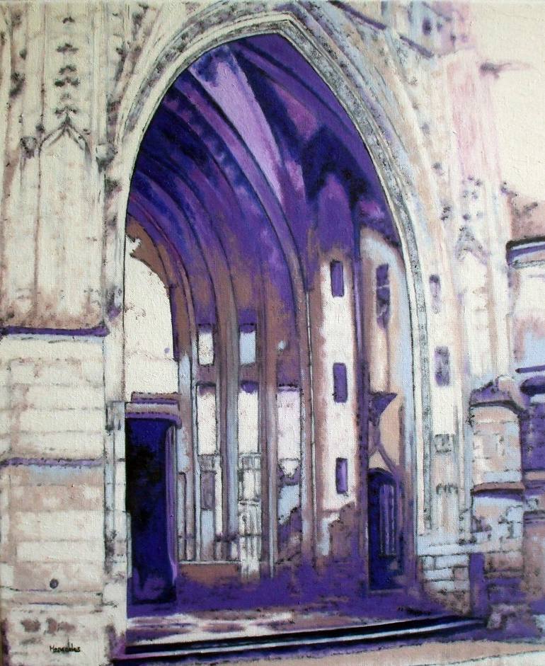 Original Architecture Painting by Mercedes Soret | Contemporary Art on Canvas | Square in front of the Notre Dame Basilica, Alencon