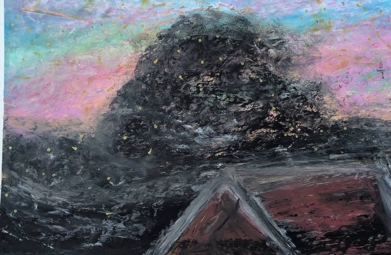 Original Fantasy Painting by Laura B Nelson | Figurative Art on Paper | Enchanted Tree at the Sunset by Laura Bernardeschi Nelson