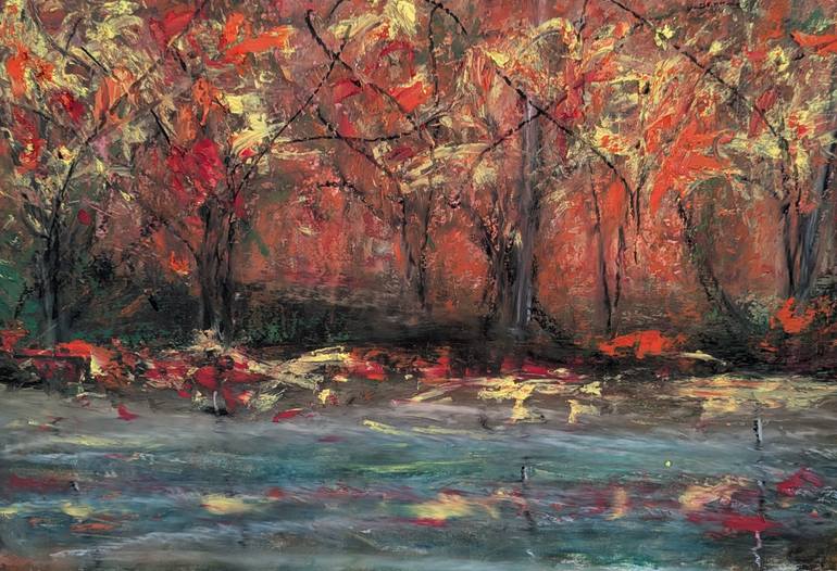 Original Landscape Painting by Laura B Nelson | Figurative Art on Paper | Autumn on the Water by Laura Bernardeschi Nelson