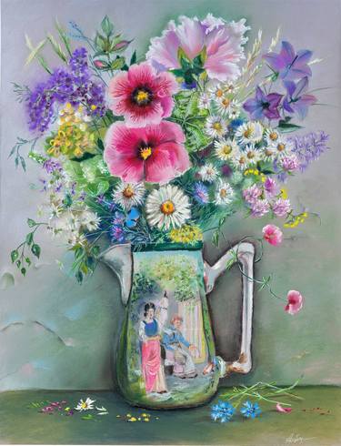 Mallows, bells and daisies in a vintage vase thumb